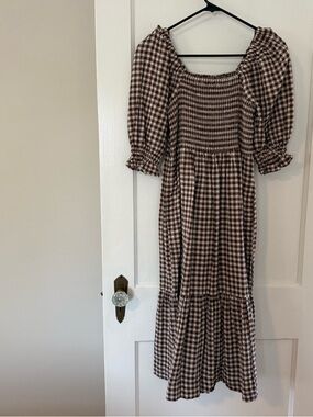 Madewell Smocked Gingham Dress in Brown and Cream